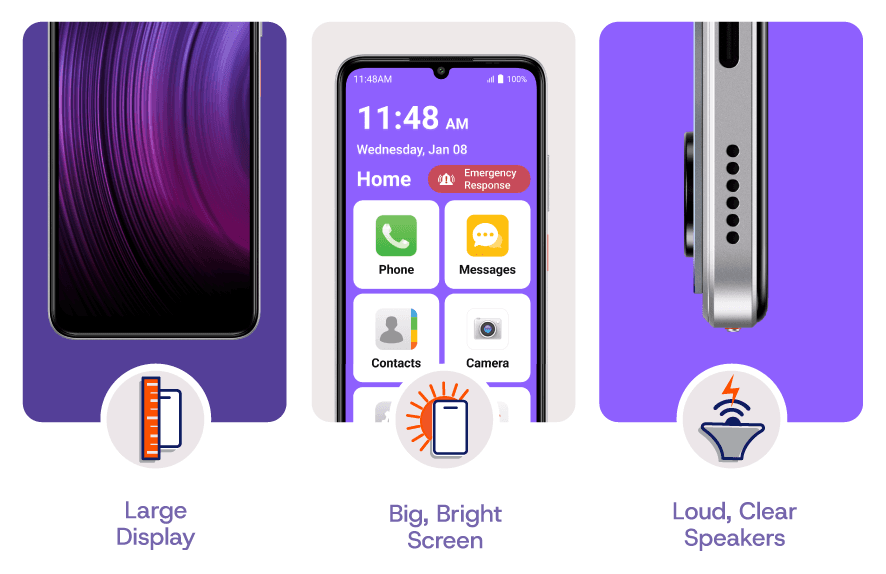 Large Display. Big, Bright Screen, Loud, Clear Speakers